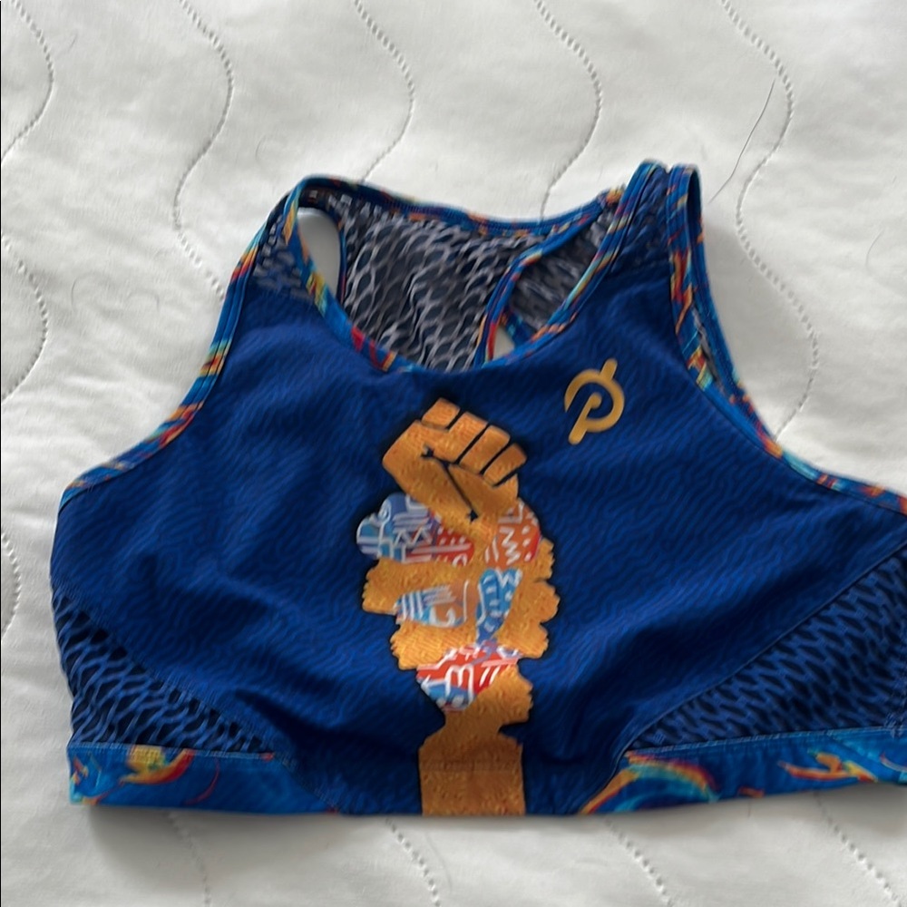 Peloton Blue Sports Bra with Multicolor Design